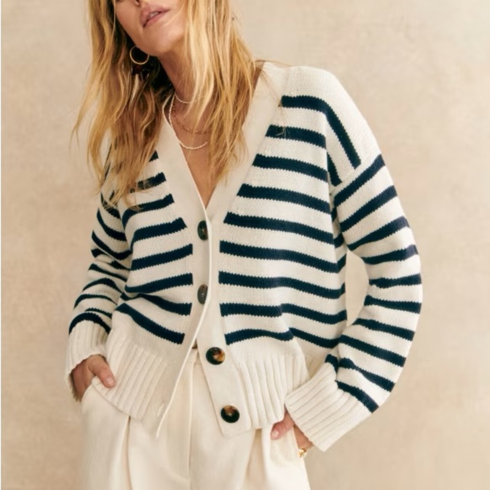 SEZANE BLOGGER Classic Navy Ecru Striped Wilson Cardigan Preppy Knit Sweater XXS - Picture 1 of 17